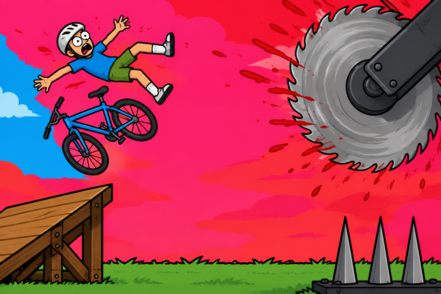 Cartoon cyclist thrown from a blue bike toward a spinning saw on a pink course